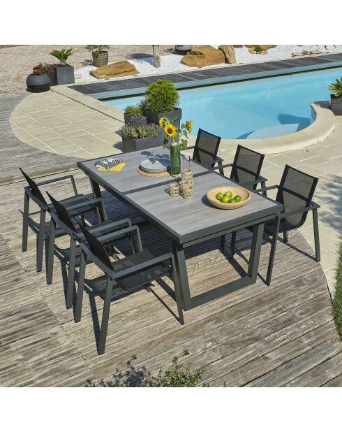 Ensemble de jardin Table OLHOS-TB250 avec rallonge +  6 fauteuils ALU-MIAMI-FT empilables gris anthracite