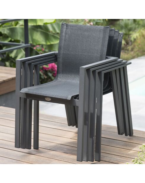 Ensemble de jardin Table OLHOS-TB250 avec rallonge +  6 fauteuils ALU-MIAMI-FT empilables gris anthracite
