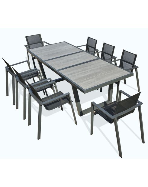 Tuinset OLHOS-TB250 tafel met verlengstuk + 8 stapelbare ALU-MIAMI-FT fauteuils antracietgrijs