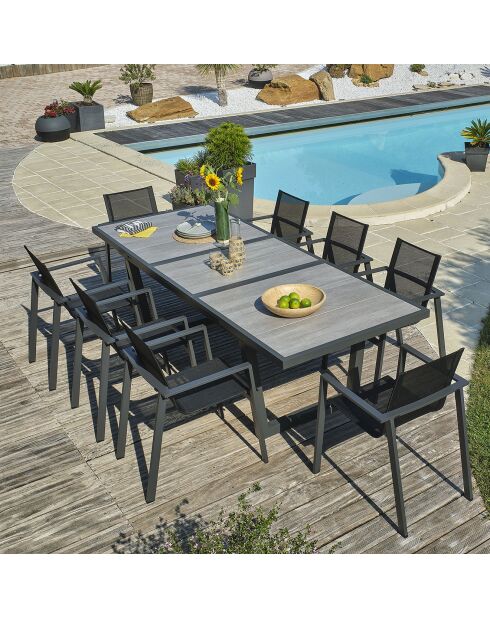 Tuinset OLHOS-TB250 tafel met verlengstuk + 8 stapelbare ALU-MIAMI-FT fauteuils antracietgrijs