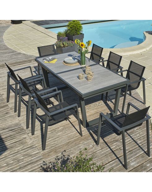 Tuinset OLHOS-TB250 tafel met verlengstuk + 8 stapelbare ALU-MIAMI-FT fauteuils antracietgrijs