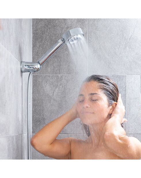 Double Pommeau de Douche avec Distributeur 3-en-1 argenté