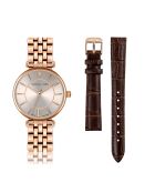 Set Montre Femme 2 Bracelets Sophia en Acier, Cuir & Diamant rose doré/marron
