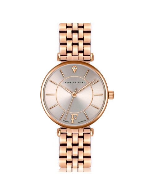 Set Montre Femme 2 Bracelets Sophia en Acier, Cuir & Diamant rose doré/marron