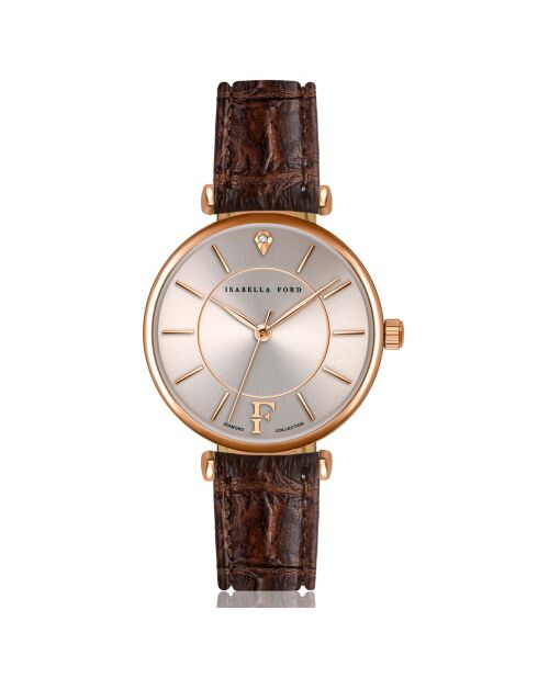 Set Montre Femme 2 Bracelets Sophia en Acier, Cuir & Diamant rose doré/marron