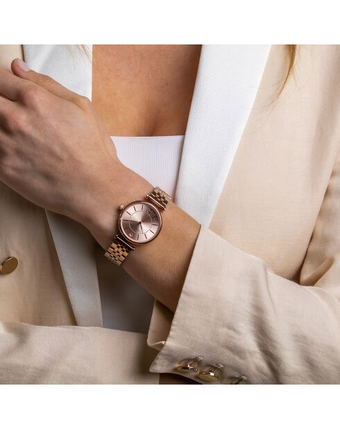 Set Montre Femme 2 Bracelets Sophia en Acier, Cuir & Diamant rose doré/marron