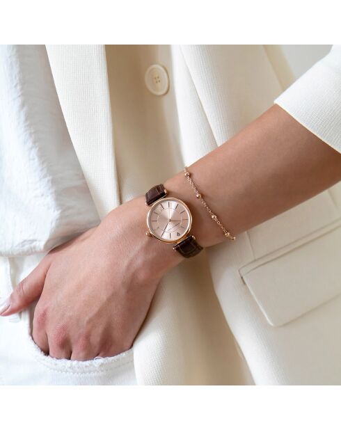 Set Montre Femme 2 Bracelets Sophia en Acier, Cuir & Diamant rose doré/marron