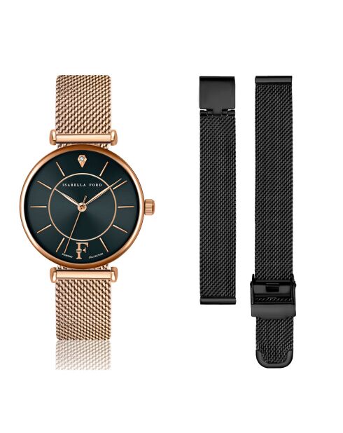  Set Montre Femme 2 Bracelets Portia en Acier & Diamant rose doré/noir
