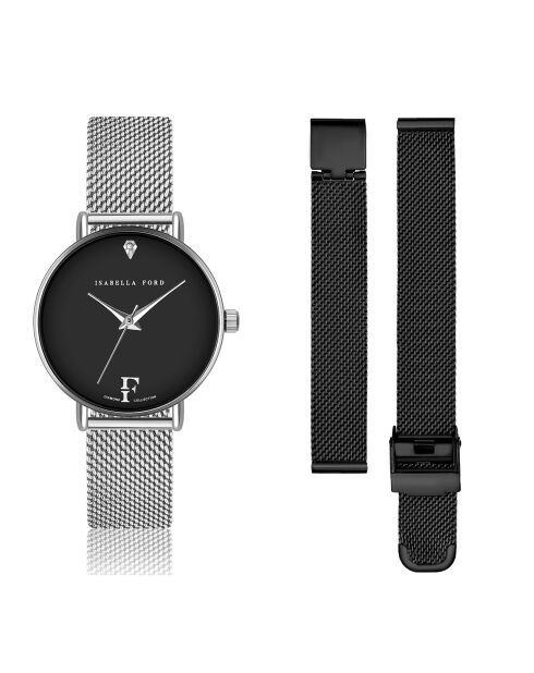 Set Montre Femme 2 Bracelets Infinity en Acier & Diamant argenté/noir