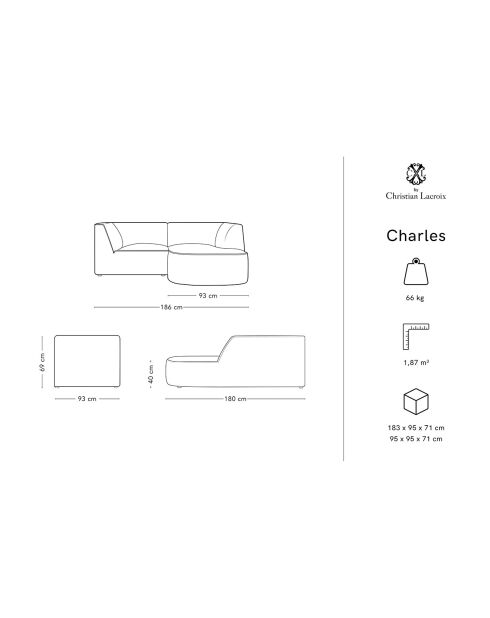 Canapé d'angle droit Velours Charles 3 Places gris clair - 186x180x69 cm