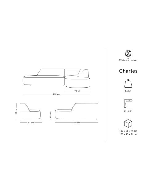 Canapé d'angle droit Velours Charles 4 Places noir - 273x180x69 cm