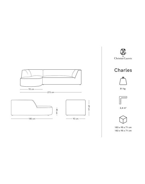 Canapé d'angle gauche Velours Charles 4 Places noir - 273x180x69 cm