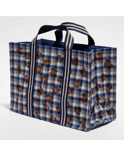 Sac Shopping 100% Laine Léone bleu/camel  - 30x42x20 cm