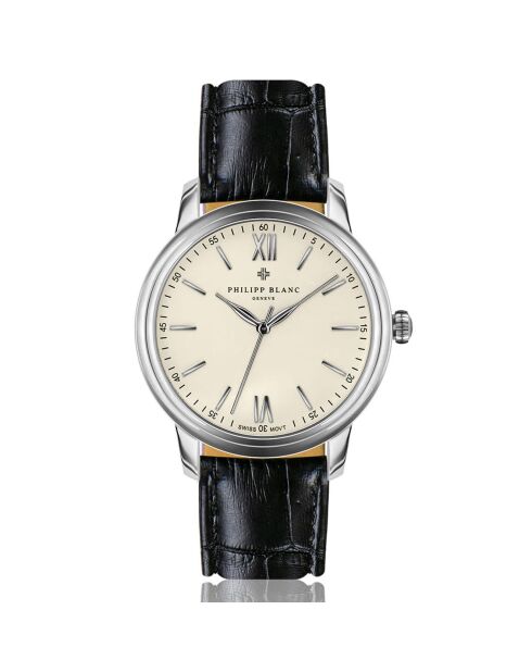 Geneva zwart horloge van gemengd leer