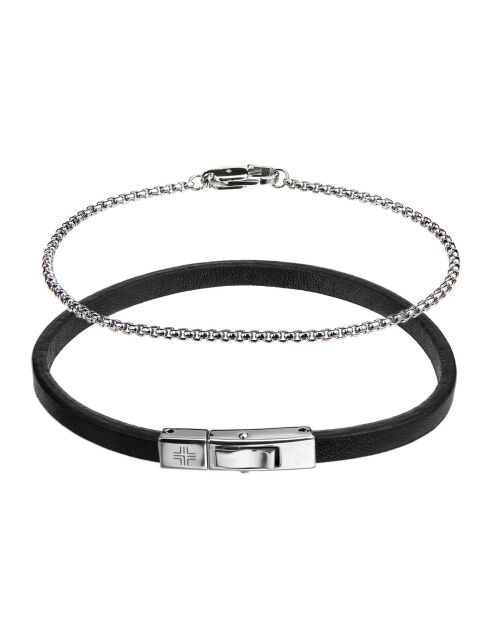 2 Bracelets Homme Gift en Cuir & Acier argenté/noir