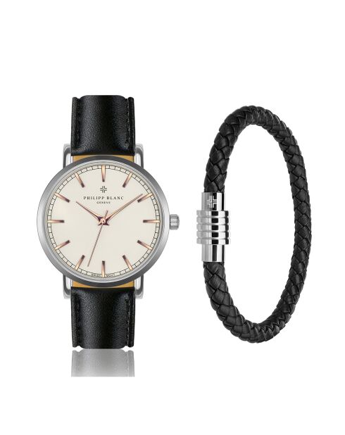 Set Montre + Bracelet en Cuir Basel noir