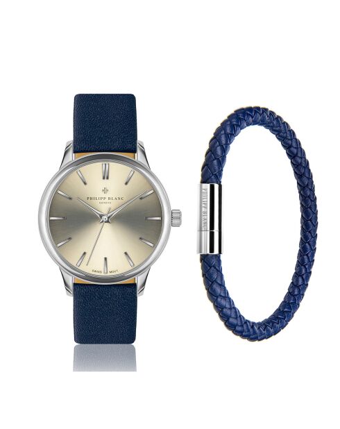 Set Montre + Bracelet en Cuir Lugano bleu