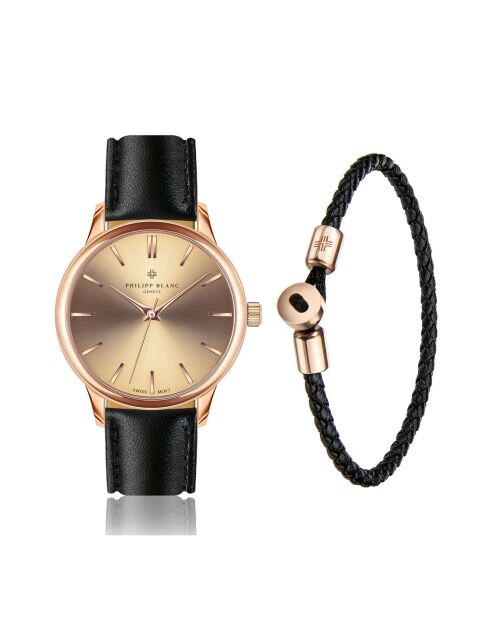 Set Montre + Bracelet en Cuir Lugano noir