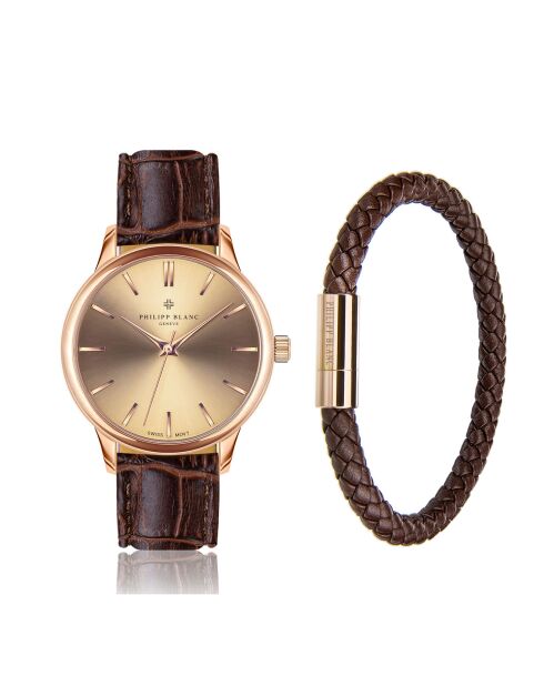 Set Montre + Bracelet en Cuir Lugano marron