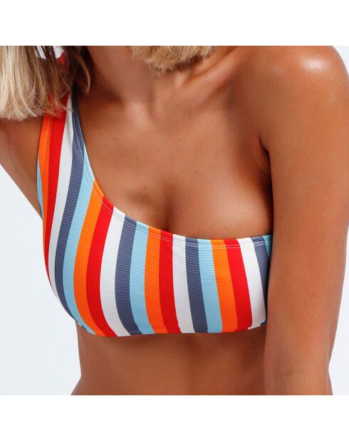 Asymmetrischer 2-teiliger Badeanzug mit mehrfarbigen Sonnenstreifen