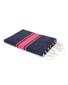 Fouta Traditionelle St Tropez bleu jean/rose fuschia - 100x200 cm
