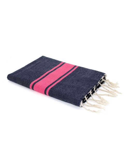 Fouta Traditionelle St Tropez bleu jean/rose fuschia - 100x200 cm