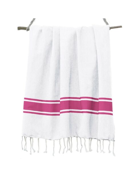 Fouta Traditionelle St Tropez blanc/rose fuschia  - 100x200 cm