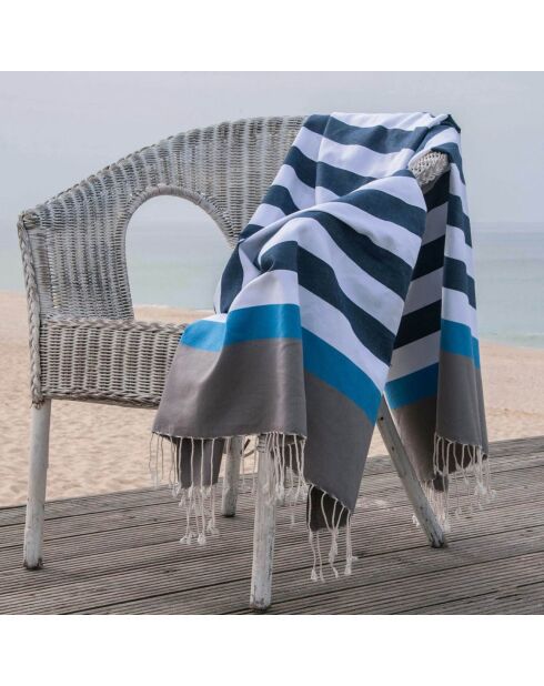 Fouta Arcachon blanco/marrón claro/azul vaquero/azul celeste - 100x200 cm