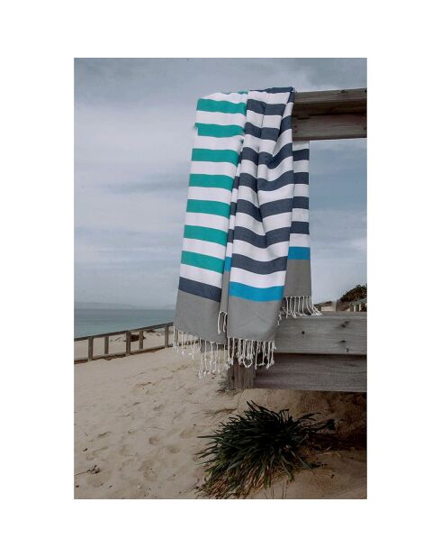 Fouta Arcachon blanco/marrón claro/azul vaquero/azul celeste - 100x200 cm