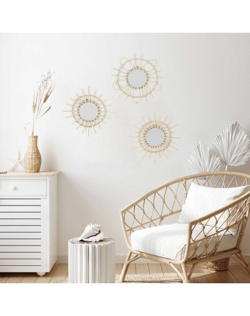 3 Miroirs en rotin marron - 28x28x1.7 cm