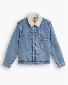 Veste courte en Coton denim col façon sherpa Trucker bleue