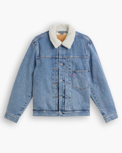 Veste courte en Coton denim col façon sherpa Trucker bleue