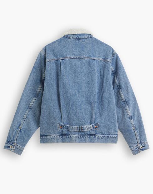 Veste courte en Coton denim col façon sherpa Trucker bleue