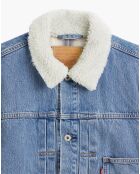 Veste courte en Coton denim col façon sherpa Trucker bleue