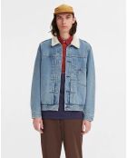 Veste courte en Coton denim col façon sherpa Trucker bleue