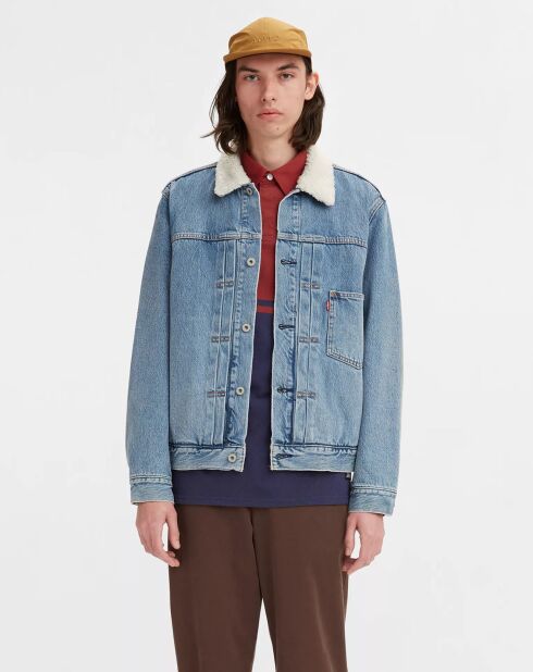 Veste courte en Coton denim col façon sherpa Trucker bleue