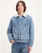 Veste courte en Coton denim col façon sherpa Trucker bleue