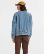 Veste courte en Coton denim col façon sherpa Trucker bleue