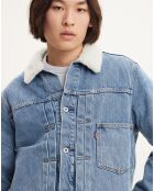 Veste courte en Coton denim col façon sherpa Trucker bleue