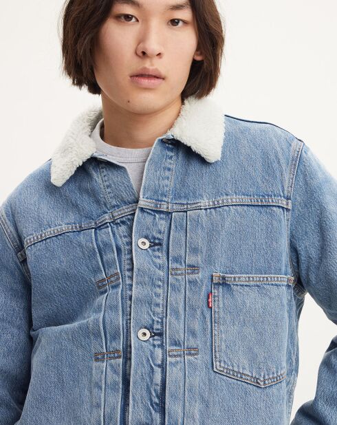 Veste courte en Coton denim col façon sherpa Trucker bleue