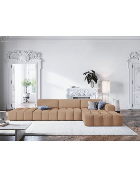 Canapé d'angle droit Velours Luc 5 Places beige foncé - 341x166x70 cm