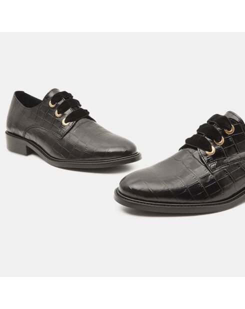 Derbies en Cuir croco laçage velours noires - Talon 3 cm