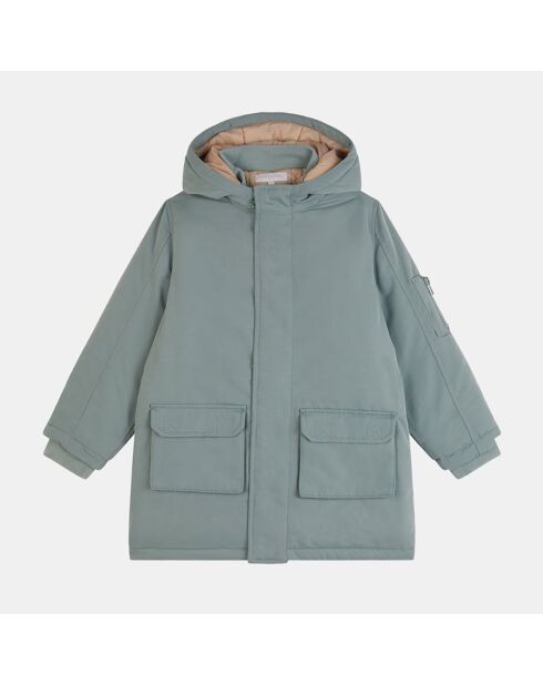 Parka droite à capuche Tom intérieur fourré céladon