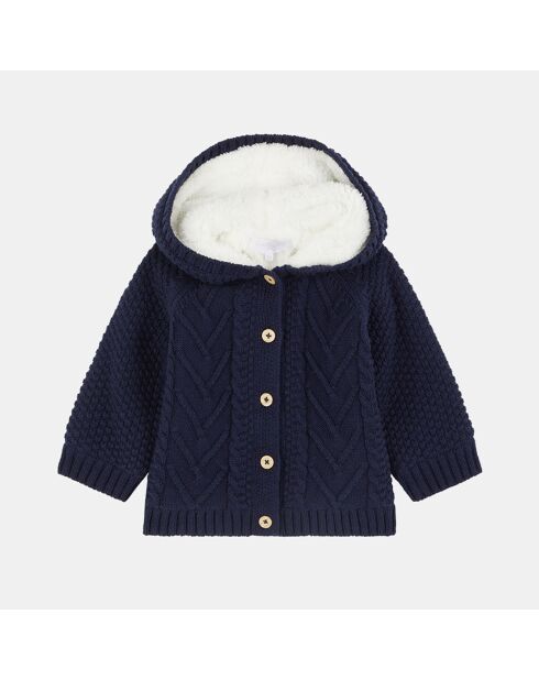 Gilet à capuche en coton & laine Agalia intérieur fourré bleu marine