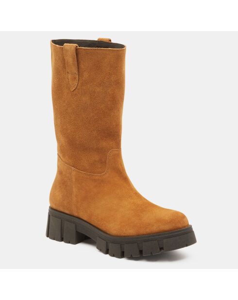 Bottes en Cuir semelle épaisse camel - Talon 4 cm