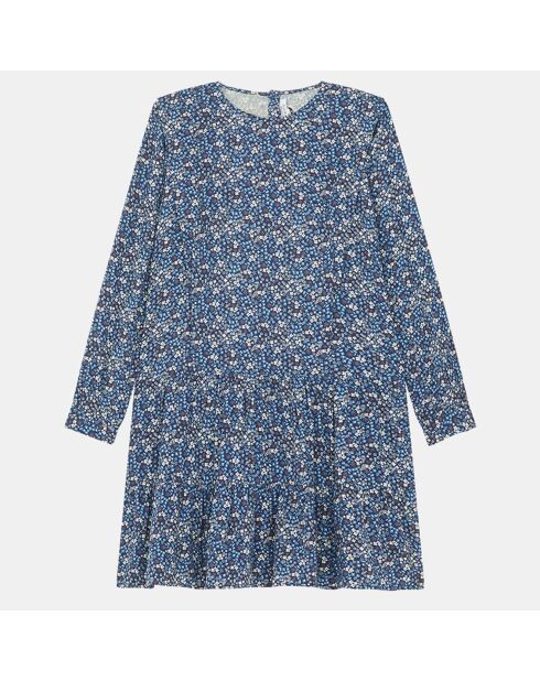 Robe fluide à basque Cecile imprimé floral bleu marine