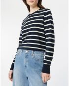 Pull en Laine & Cachemire Sabri col rond rayé marine/écru