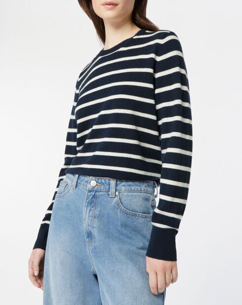 Pull en Laine & Cachemire Sabri col rond rayé marine/écru