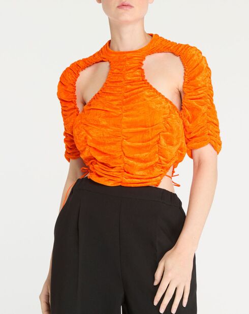 Orangefarbenes Crop-Top aus Samt mit Guckloch und Rüschen