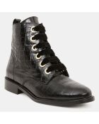 Bottines en Cuir croco à lacets velours noires - Talon 3 cm